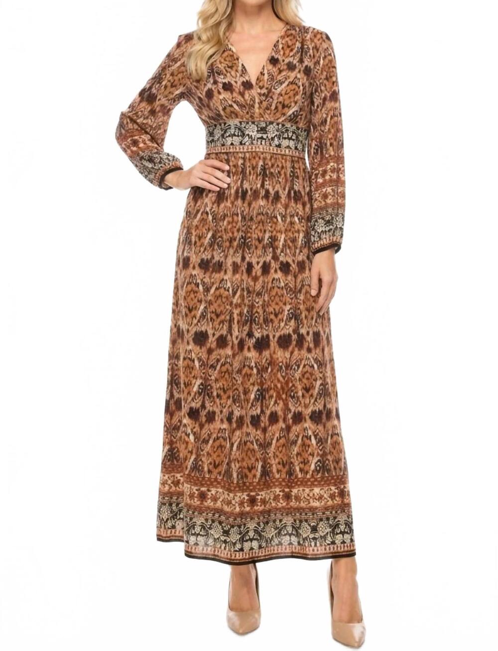 NEW SANDRA DARREN ikat border print long-sleeve maxi dress in spice burgundy